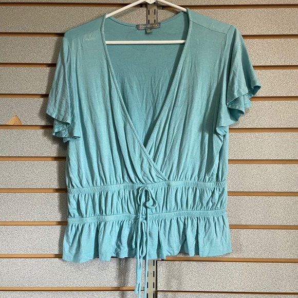 Good Luck Gem Tops - Good Luck Gem XL Aqua Blue Top Short Sleeve Ruffle Hem‎ V Neck Blouse juniors